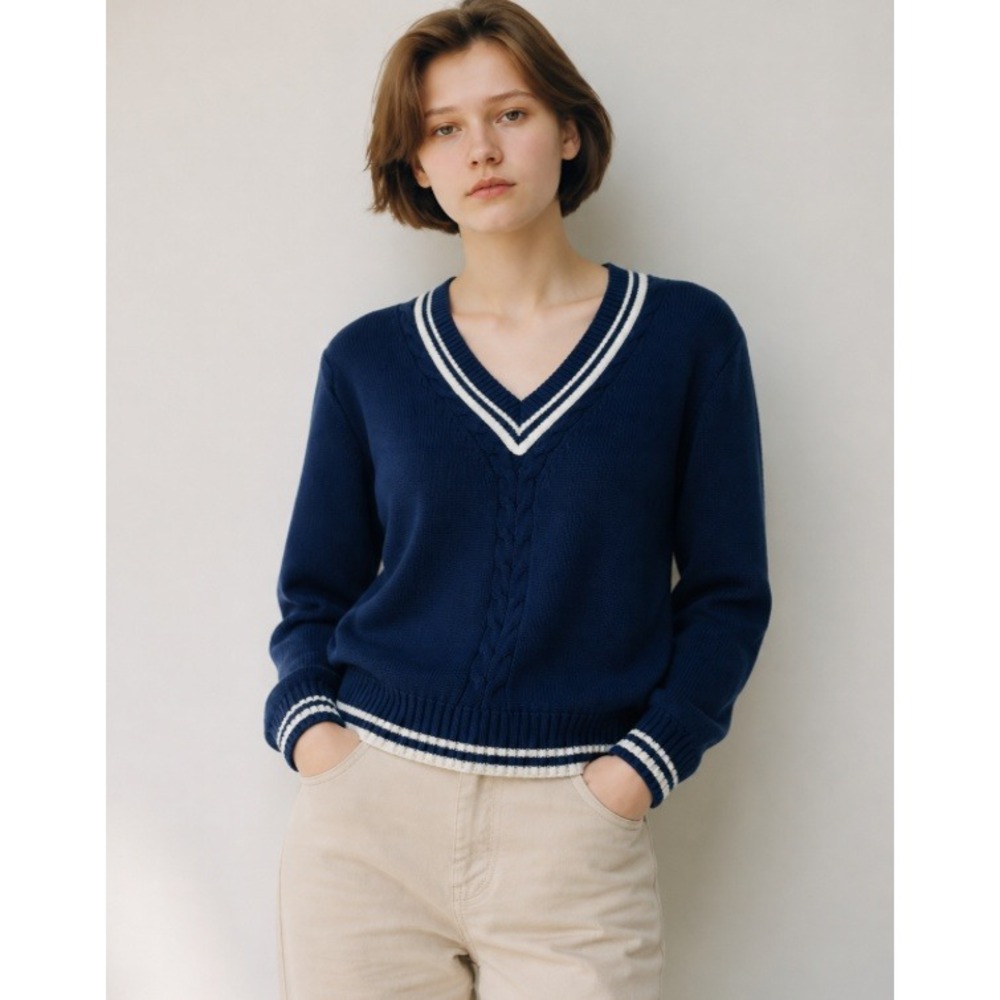 Talbots Womens M Navy Blue Cotton Cricket Sweater V-Neck Striped Preppy